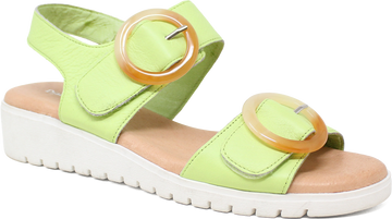 Green sandal with orange buckle on a white background