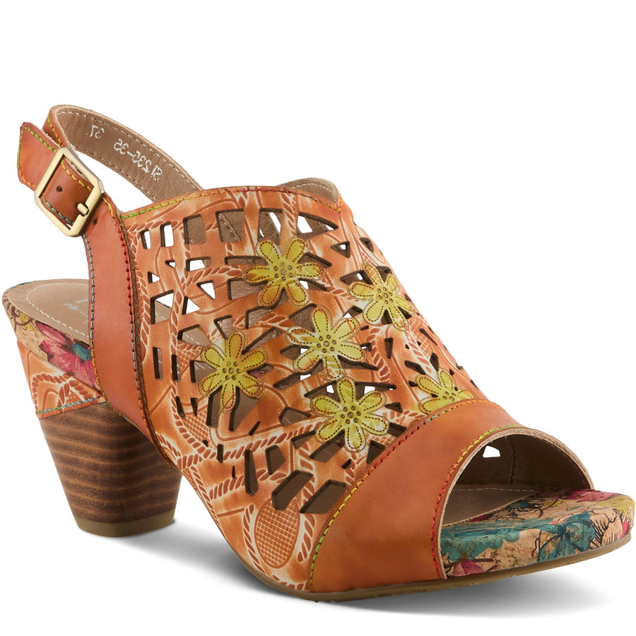 Quarter turn Women's L'Artiste Footwear style name Eclipsing in color Orange Multi. Sku: ECLIPSING-ORM