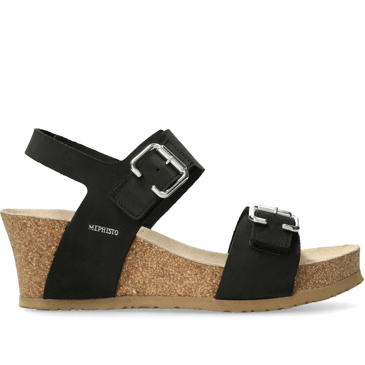 Quarter turn Women's Mephisto Footwear style name Lissandra in color Black Sandal Buck. Sku: LISS6000