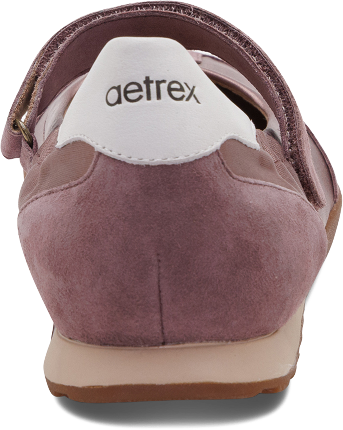 A close-up rear view of a single Aetrex shoe in dusty mauve suede with a white heel tab and a beige midsole, shown on a white background.