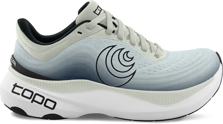 Quarter turn view Men's Topo Footwear style name Aura in color Grey / Charcoal. Sku: M080-GRYCHA