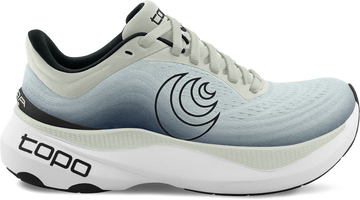 Quarter turn view Men's Topo Footwear style name Aura in color Grey / Charcoal. Sku: M080-GRYCHA