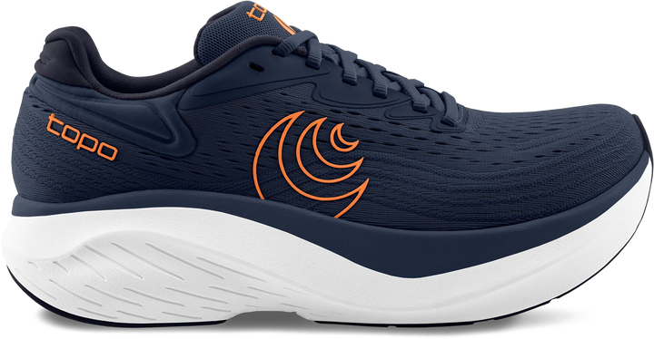 Quarter turn view Men's Topo Footwear style name Atmos 2 in color Navy / Orange. Sku: M091-NAVORG