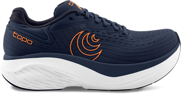 Quarter turn view Men's Topo Footwear style name Atmos 2 in color Navy / Orange. Sku: M091-NAVORG