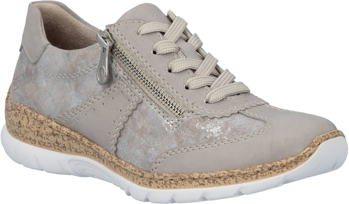 Quarter turn view Women's Rieker Footwear style name Nikita 21 in color Ice/ Rose-Metallic. Sku: N4221-90