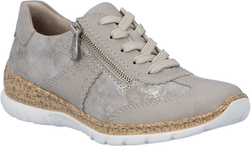 Quarter turn view Women's Rieker Footwear style name Nikita 21 in color Ice/ Rose-Metallic. Sku: N4221-90