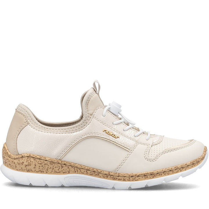 Quarter turn Women's Rieker Footwear style name Nikita F0 in color Porzellan Lugano. Sku: N42F0-60