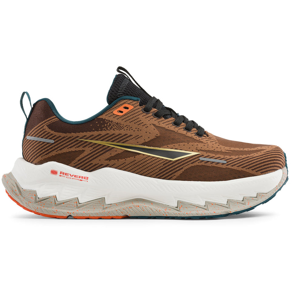 A single Brooks running shoe in brown and white, featuring a textured brown upper, a thick white midsole with a jagged edge, and orange and black accents.