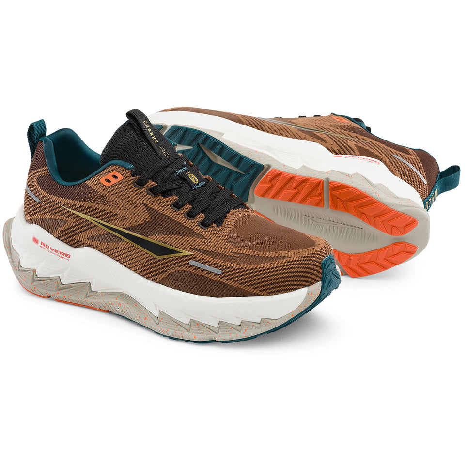 A pair of trail running shoes in brown and black with teal and orange accents, displayed on a clean white background.