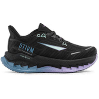 A black running shoe with a textured mesh upper, featuring a light blue 'OTIVM' logo on the side, a light blue and white side stripe, and a midsole with blue and purple jagged detailing, shown against a plain white background.