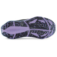 The outsole of a running shoe shown from a top-down view, featuring a black and purple abstract pattern with a solid purple heel and toe.
