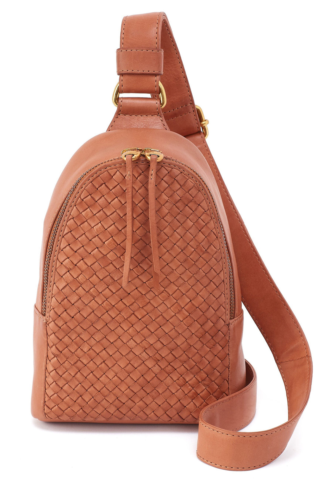 Brown woven leather sling bag on a white background