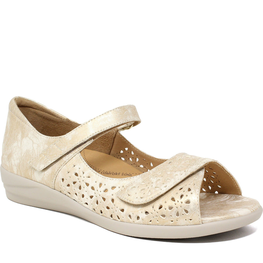 Quarter turn Women's Ziera Footwear style name Daffodil-W in color Smudge Metal-Almond Sole Leath. Sku: ZR10104MC9LE