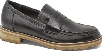 Black loafer shoe with a brown sole on a white background