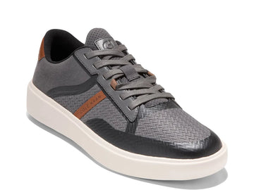 Quarter turn view Men's Cole Haan Footwear style name Grand Crosscourt Winner in color Magnet/ British Tan/ Ivory. Sku: C40457