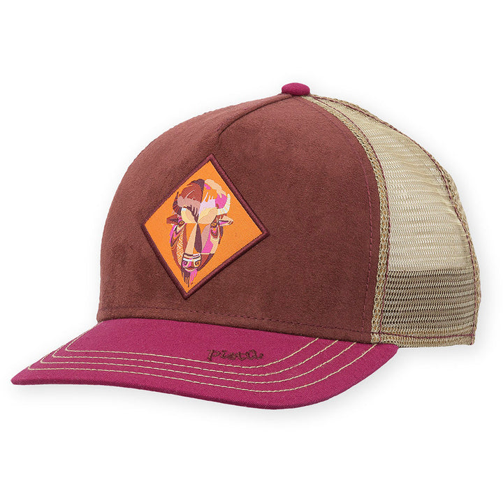 Quarter view Women's Pistil Apparel style name Wilder Bison Trucker Hat in color Maroon. Sku: 0335-MAROON