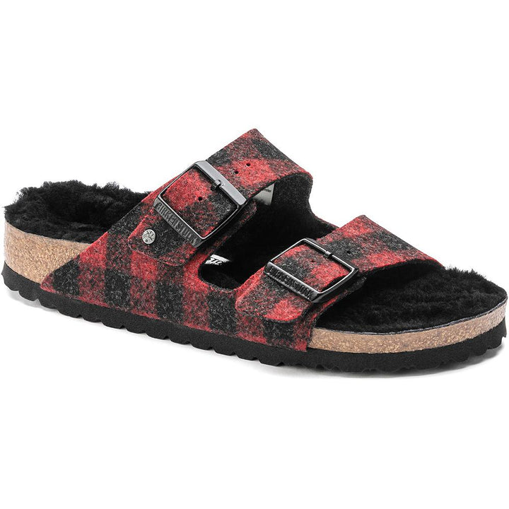 Quarter view Women's Birkenstock Footwear style name Arizona Shearling Narrow in color Wool/ Shearling/ Plaid Red/ Black. Sku: 1018112