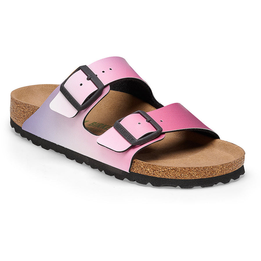 Quarter view Women's Birkenstock Footwear style name Arizona Vegan Narrow in color Ombre Pink/ Purple. Sku: 1025237