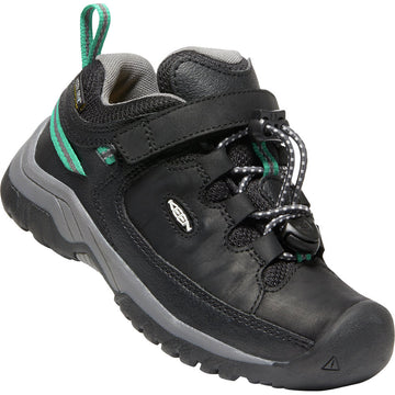 Quarter view Kids Keen Footwear style name Targhee Low Waterproof color Black/ Star White. Sku: 1026291