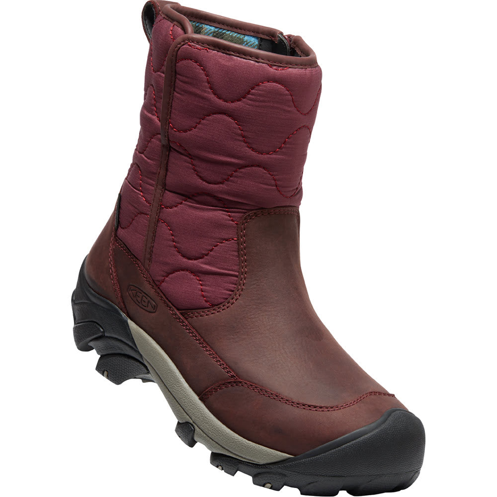 Quarter view Women's Keen Footwear style name Betty Boot Pull-On Waterproof color Burg/ Black. Sku: 1026784