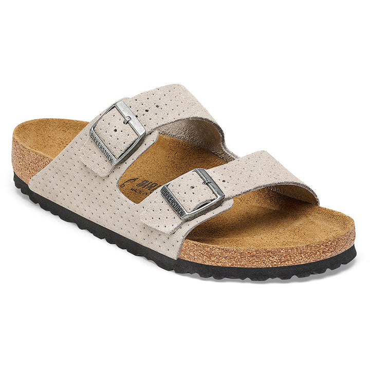 Quarter view Women's Birkenstock Footwear style name Arizona Dotted Suede Narrow in color Stone Coin. Sku: 1027019