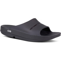 Quarter view Unisex Oofos Footwear style name Ooahh Slide in color Black. Sku: 1100BLK
