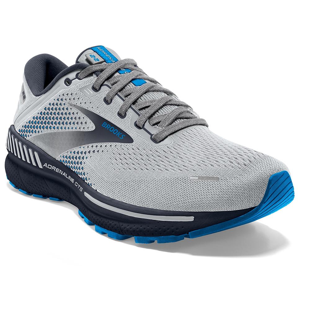 Quarter view Men's Brooks Footwear style name Adrenaline GTS 22 Medium in color Oyster/ India Ink/ Blue. Sku: 110366-1D023