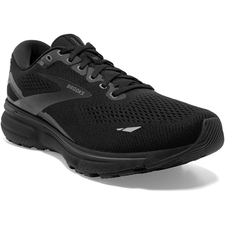 Quarter view Men's Brooks Footwear style name Ghost 15 Medium in color Black/Black. Sku: 110393-1D020