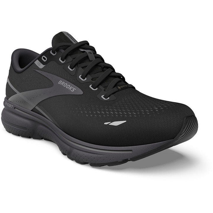 Quarter view Men's Brooks Footwear style name Ghost 15 Gore-Tex Medium in color Black/ Blackened Pearl/ Alloy. Sku: 110394-1D022