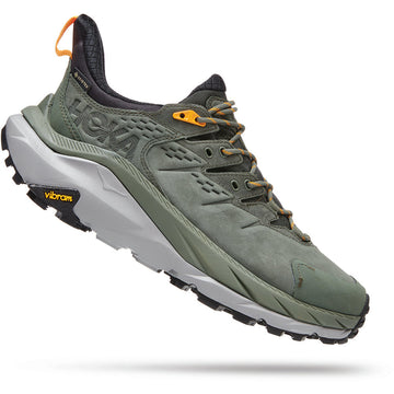 Quarter view Men's Hoka Footwear style name Kaha 2 Low GTX in color Thyme/ Radiant Yellow. SKU: 1123190tryl
