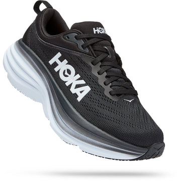 Quarter view Women's Hoka Footwear style name Bondi 8 in color Black/ White. SKU: 1127952BWHT