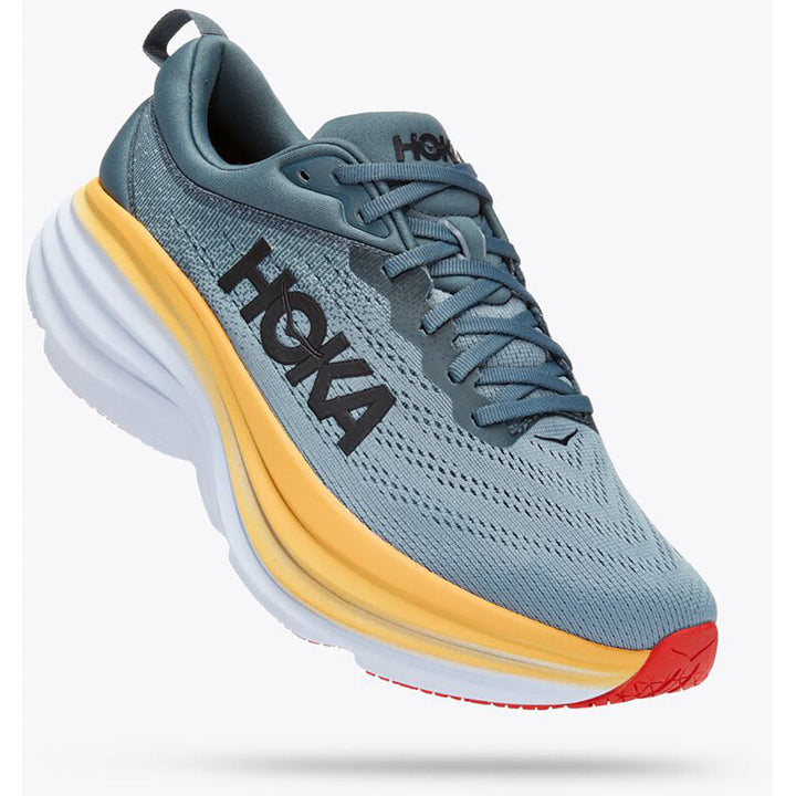 Quarter view Men's Hoka Footwear style name Bondi 8 Wide in color Goblin Blue/ Mountian Spring. SKU: 1127953gbms