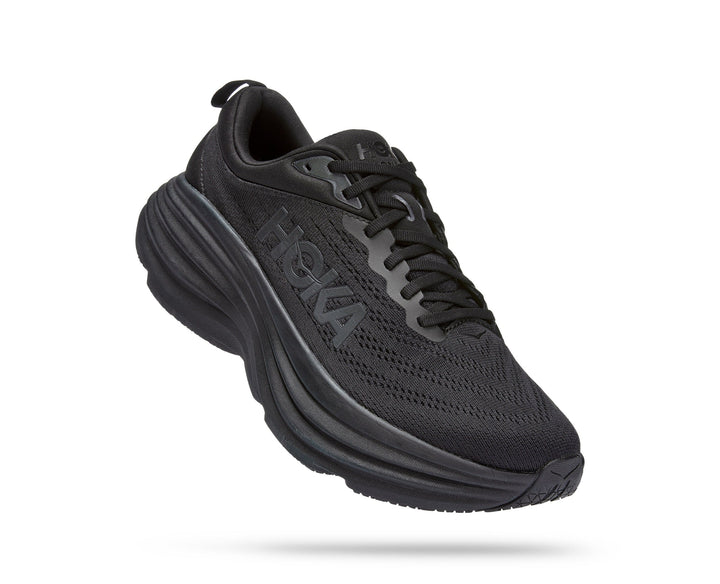 Quarter view Men's Hoka Footwear style name Bondi 8 X-Wide in color Black/ Black. SKU: 1127955bblc