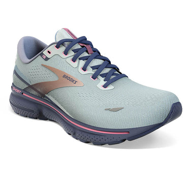 Quarter view Women's Brooks Footwear style name Ghost 15 Medium color Spa Blue/Neo Pink/ Copper. Sku: 120380-1B492