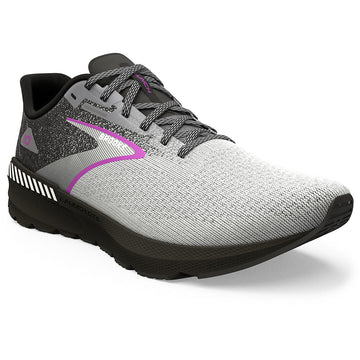 Quarter view Women's Brooks Footwear style name Launch Gts 10 Wide in color Black/ White/ Violet. Sku: 120399-1D085