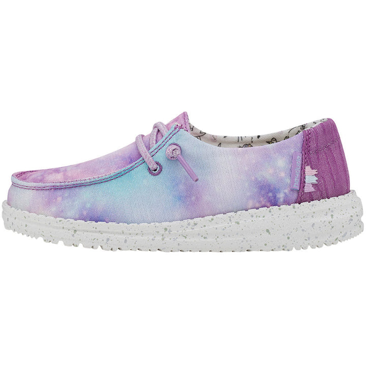 Quarter view Kids Hey Dude Footwear style name Wally Youth color Unicorn Dreamer. Sku: 130126865