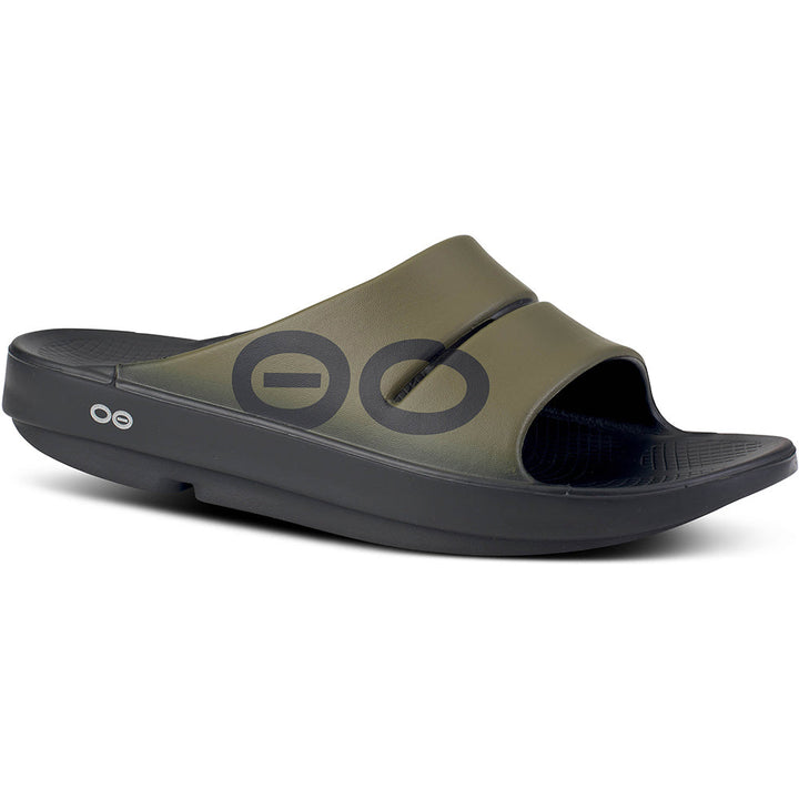 Quarter view Unisex Oofos Footwear style name Ooahh Sport Slide Unisex in color Tactical Green. Sku: 1500TACGRN
