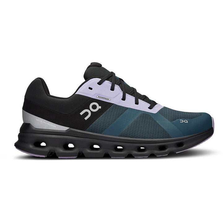 Quarter view Men's On Running Footwear style name Cloudrunner Waterproof in color Stone/ Black. Sku: 52-98076
