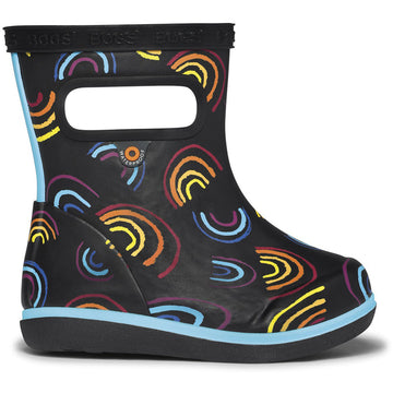 Quarter view Kid's Bogs Footwear style name Skipper II-Wild Rainbows in color Black Multi. Sku: 73010I-009