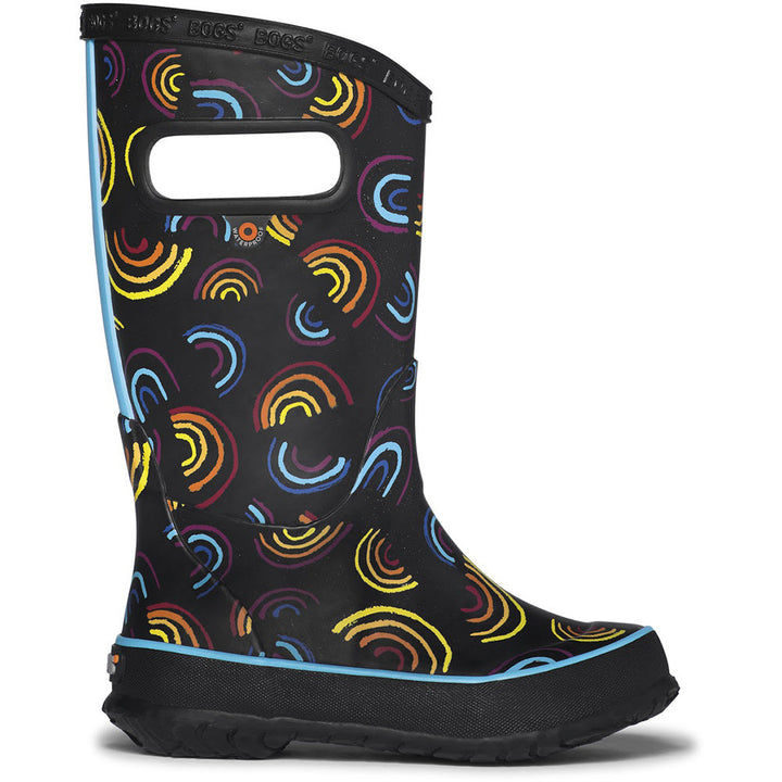 Quarter view Kid's Bogs Footwear style name Rainboot Wild Rainbows in color Black Multi. Sku: 79033-009