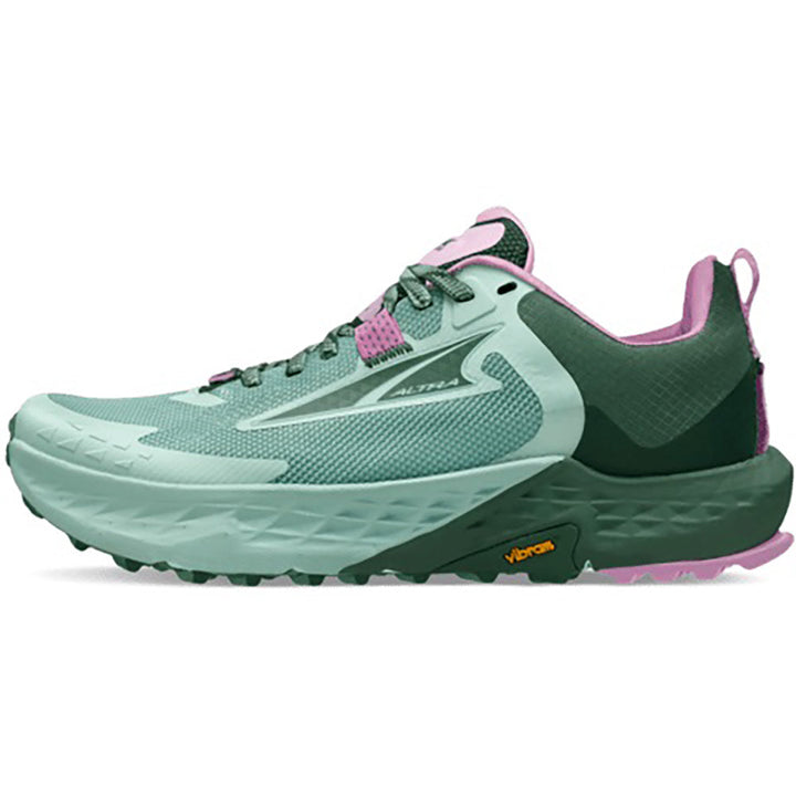 Quarter view Women's Altra Footwear style name Timp 5 in color Green/Forrest. Sku: AL0A85P6-338