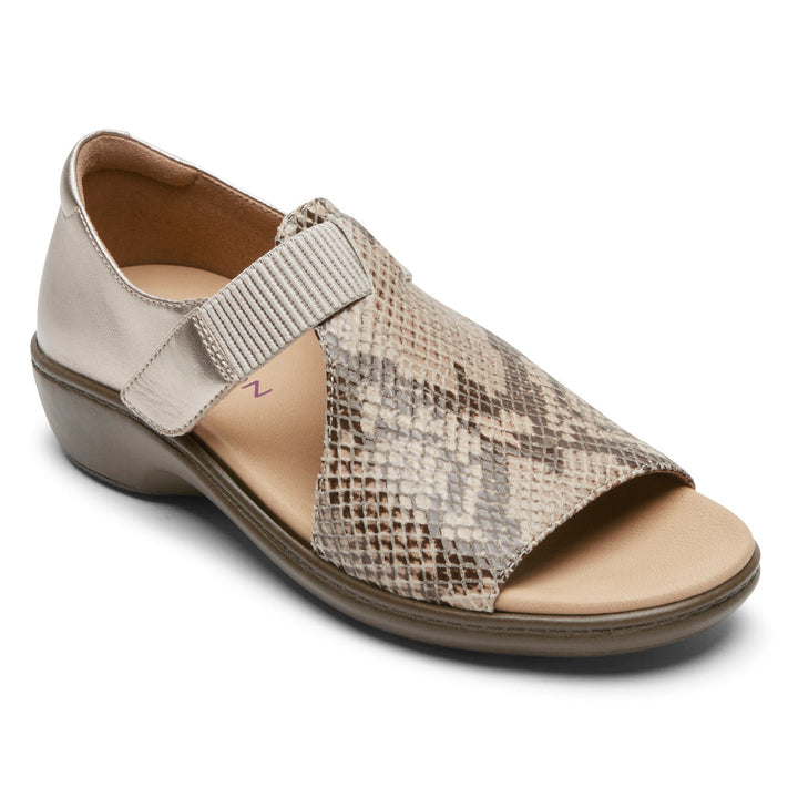 Quarter view Women's Aravon Footwear style name Duxbury T Strap in color Taupe Snake Multi Leather. Sku: CI4088