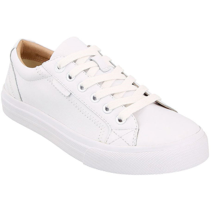 Quarter view Women's Taos Footwear style name Plim Soul Lux Wide in color White Lthr. Sku: PLX-13994AWHTLW