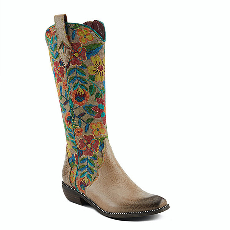 Quarter view Women's L'Artiste Footwear style name Rodeoqueen in color Taupe Multi. Sku: RODEOQUEEN-TPM