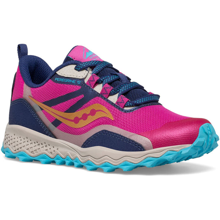 Quarter view Kids Saucony Kids Footwear style name Peregrine 12 Shield color Navy/ Turqoise/ Pink. Sku: SK166099