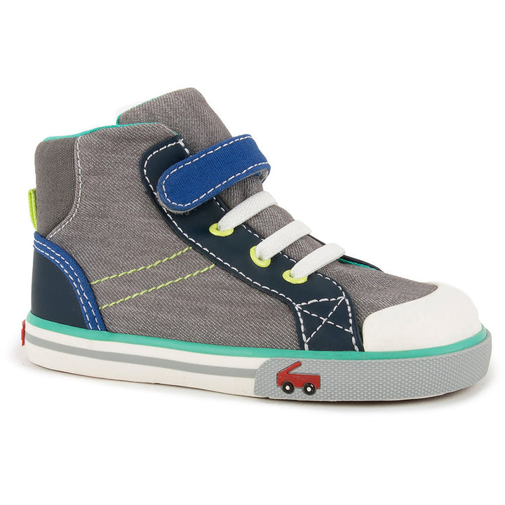 Quarter view Kids See Kai Run Footwear style name Dane color Gray/ Denim. Sku: SNY106M169