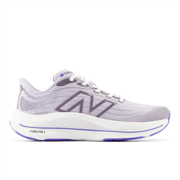 Quarter view Women's New Balance Footwear style name Fuel Cell Walker Elite Medium in color Gray/ Violet/ Electric Indigo. Sku: WWWKELV1-1B