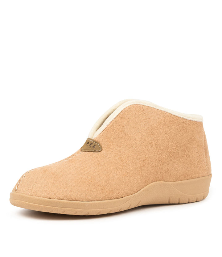 Quarter view Women's Ziera Footwear style name Cuddles in Chestnut-Beige Fur Microsuede. Sku: ZR10209NY7MS-W