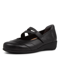 Women's Shoe, Brand Ziera Shepard in Extra Wide Adjustable Fit in Black Leather shoe image quarter turned