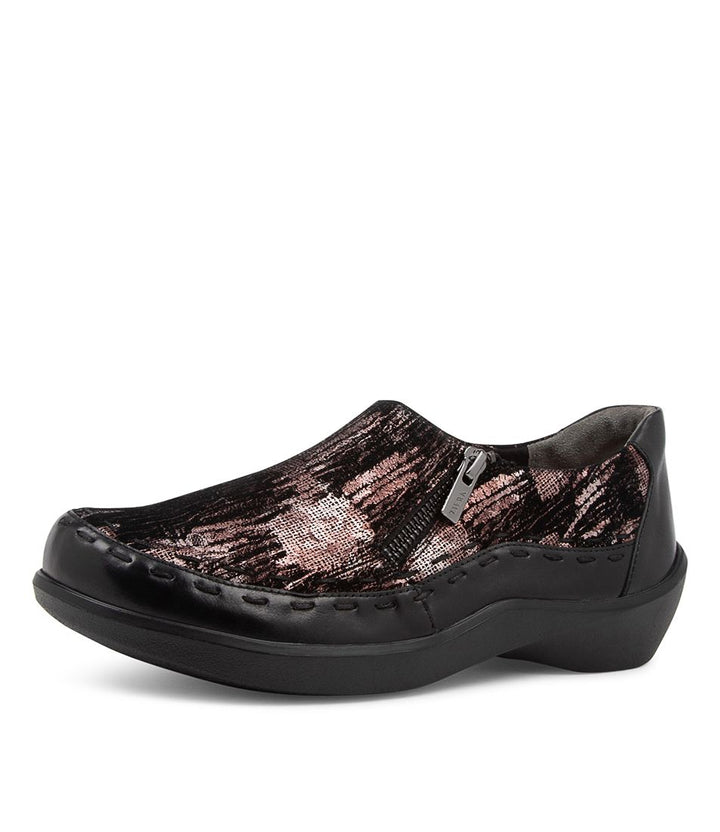 Women's Shoe, Brand Ziera Alayana in Extra Wide in Black Copper/ Black Mix Leather shoe image quarter turned